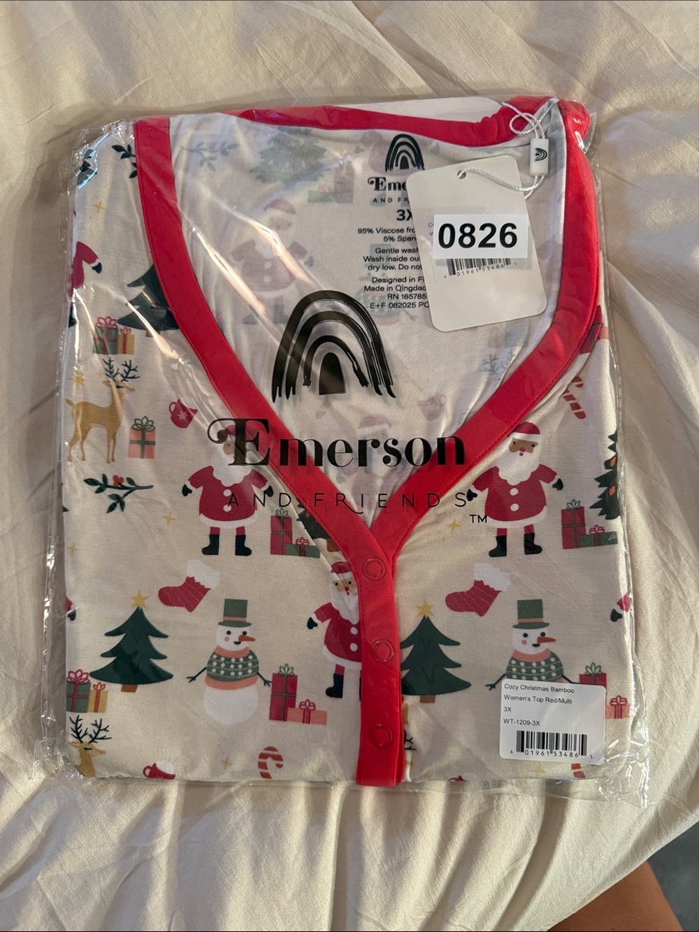 Emerson & Friends Holiday Santa Print Snap-Front Pajama Top - White & Red